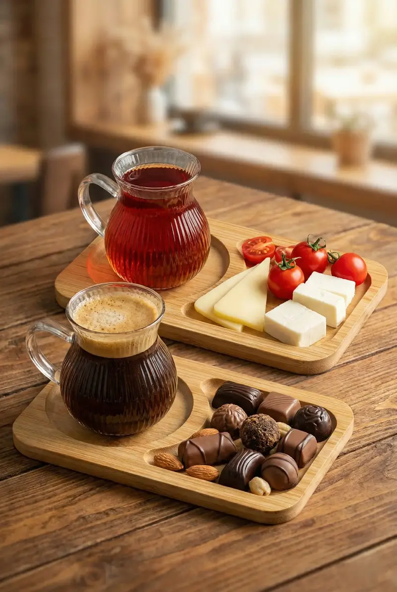 150 ml 2’li 4 Parça Bambu Tabaklı Borosilikat Cam Kulplu Çay ve Kahve Fincan Takımı