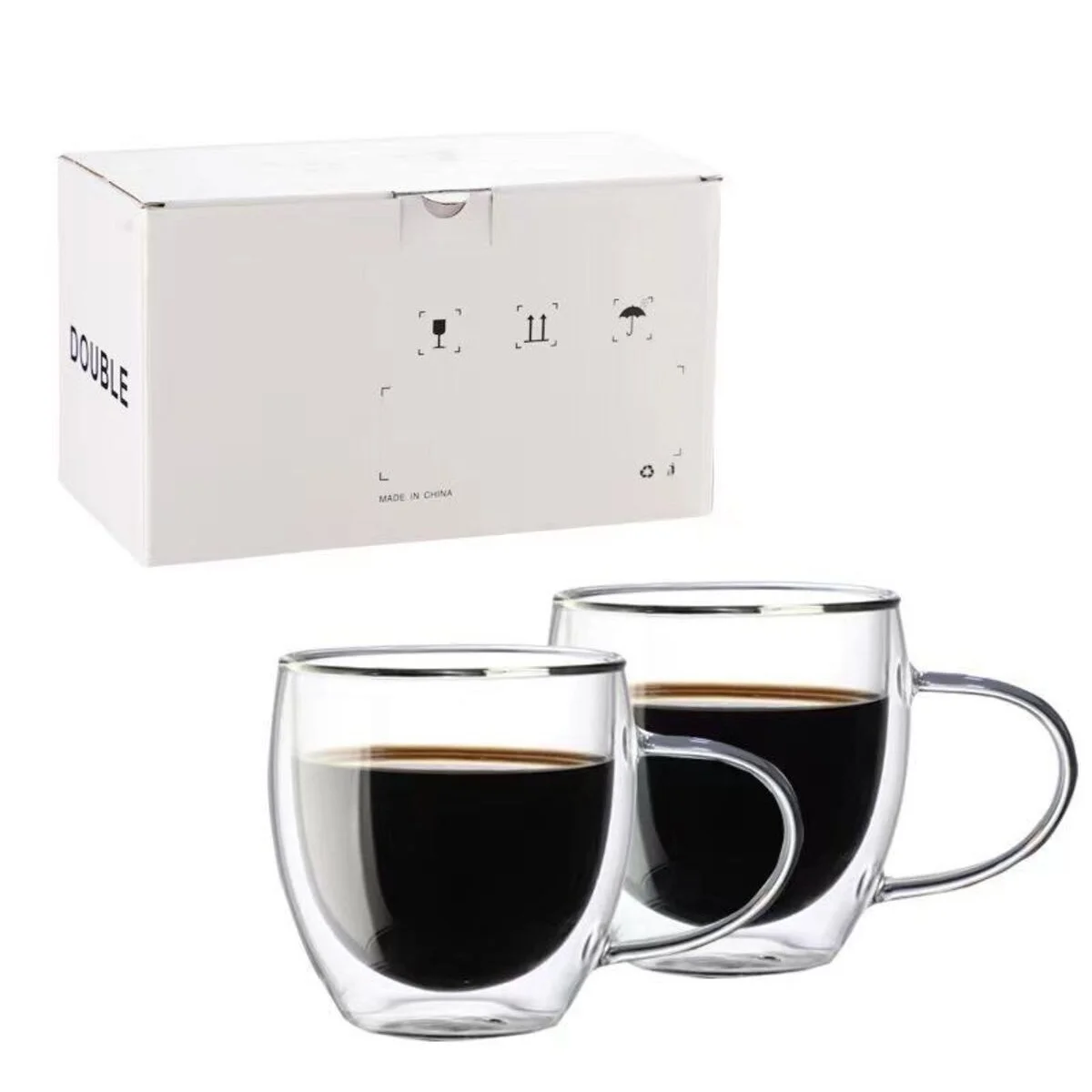 2’li Çift Cidarlı (Çift Camlı) Kulplu Borosilikat Cam Kupa Seti - 300 ml