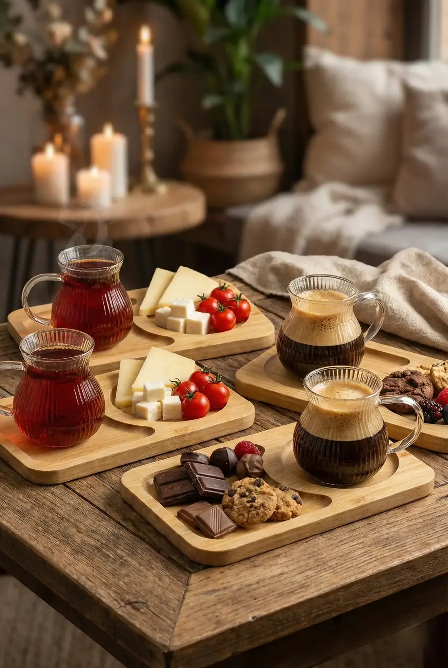 150 ml 2’li 4 Parça Bambu Tabaklı Borosilikat Cam Kulplu Çay ve Kahve Fincan Takımı