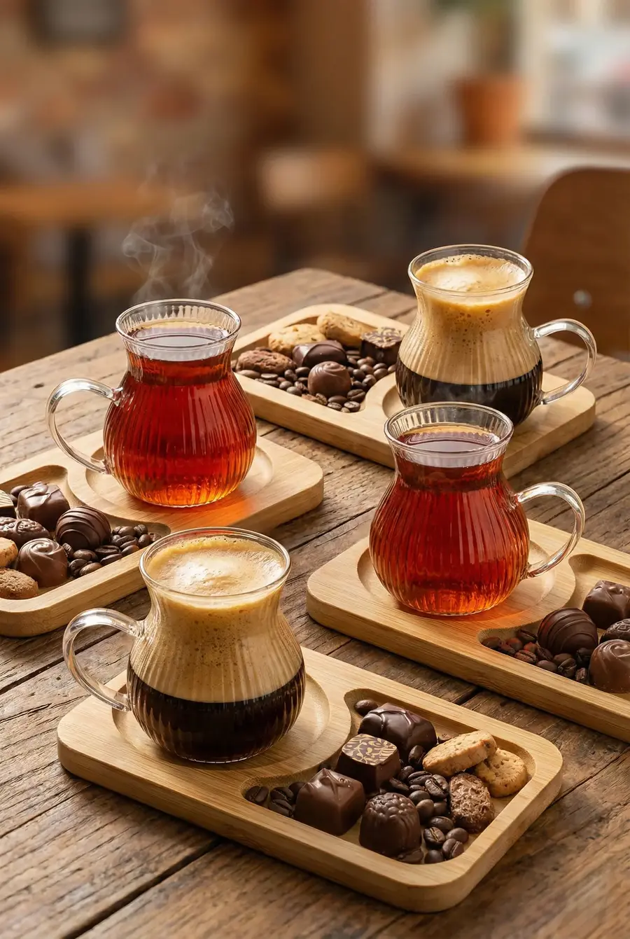 150 ml 6’lı 12 Parça Bambu Tabaklı Borosilikat Cam Kulplu Çay ve Kahve Fincan Takımı