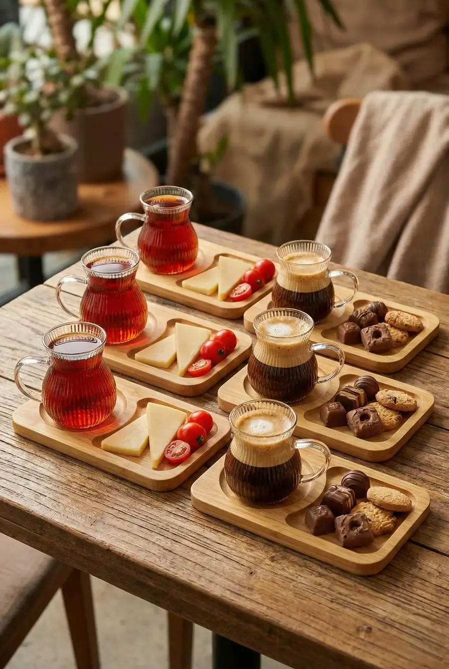 150 ml 6’lı 12 Parça Bambu Tabaklı Borosilikat Cam Kulplu Çay ve Kahve Fincan Takımı