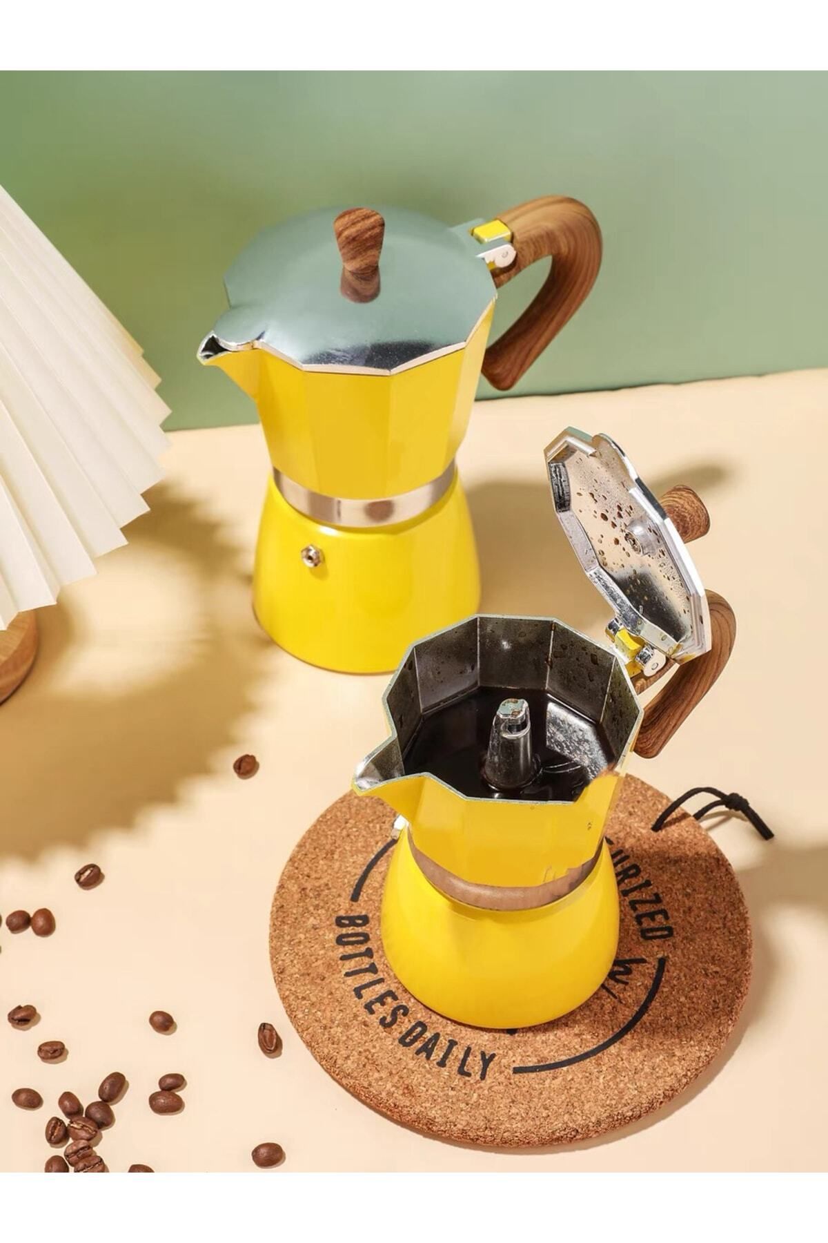 Sarı 6 Fincan Kapasiteli Moka Pot - Ocak Üstü İtalyan Espresso Makinesi