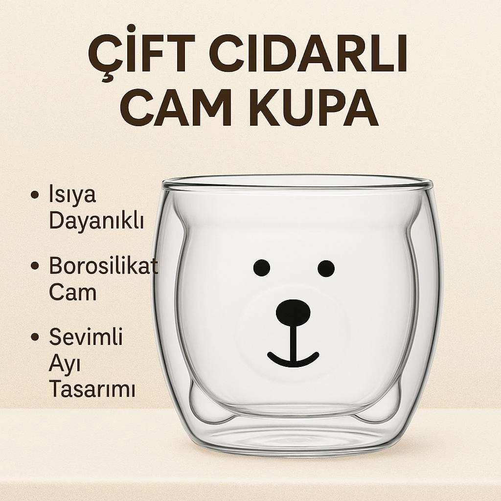 250 ml Ayıcıklı Çift Cidarlı Tasarım Cam Bardak - Hediyelik Kupa
