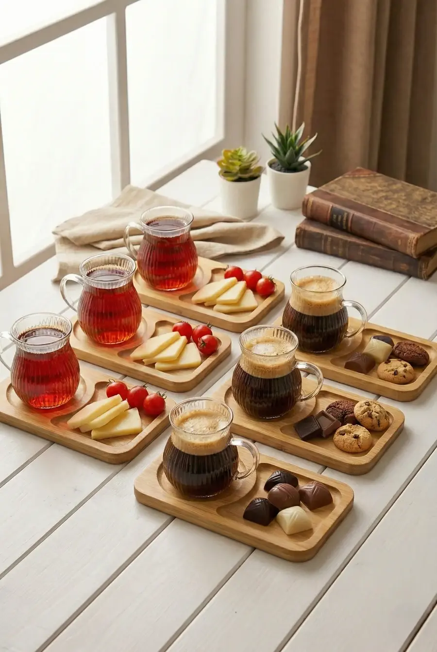 150 ml 6’lı 12 Parça Bambu Tabaklı Borosilikat Cam Kulplu Çay ve Kahve Fincan Takımı