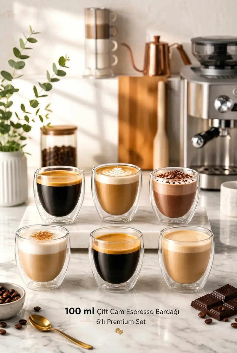 6lı Premium Set Çift Cidarlı Borosilikat Cam Espresso ve Sunum Bardağı 100 ml