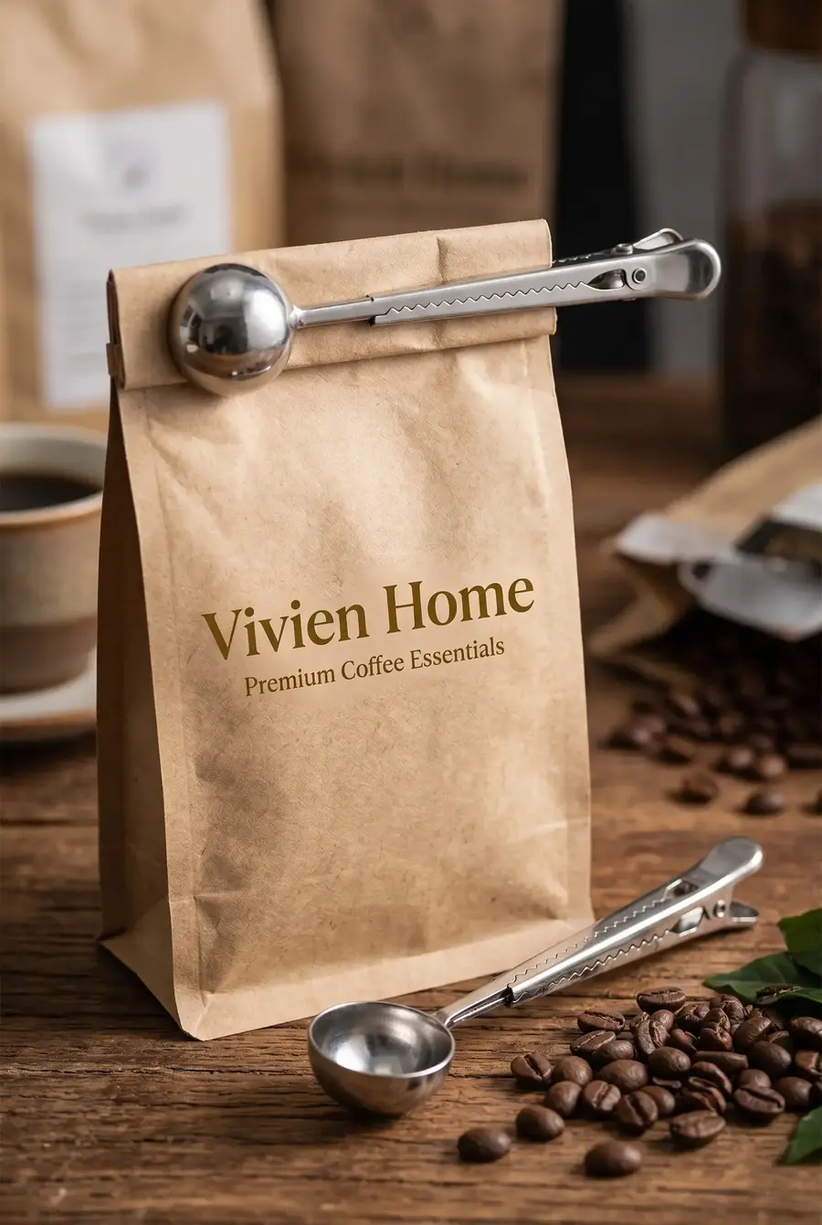 Gümüş Paslanmaz Çelik Kahve Ölçü Kaşığı ve Mandallı Paket Klipsi