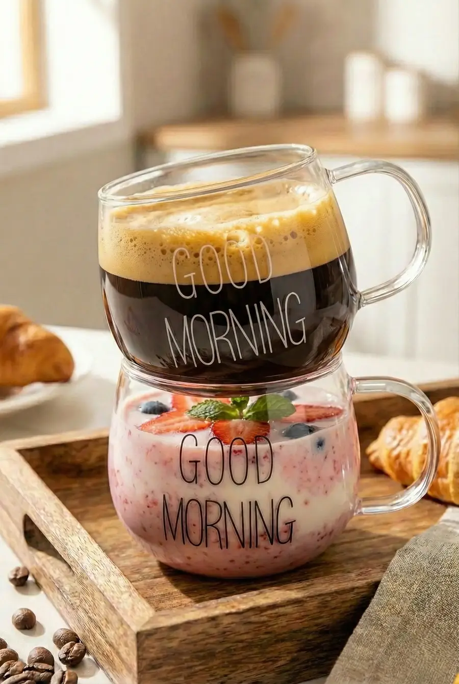 2’li Good Morning Günaydın Yazılı Borosilikat Cam Kupa Seti 400 ml