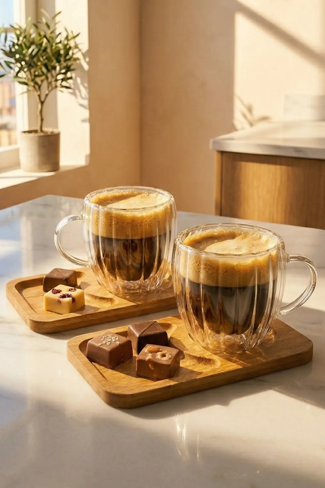 120 ml 2’li 4 Parça Çift Cidarlı Bardak ve Bambu Tabaklı Espresso Fincan Takımı