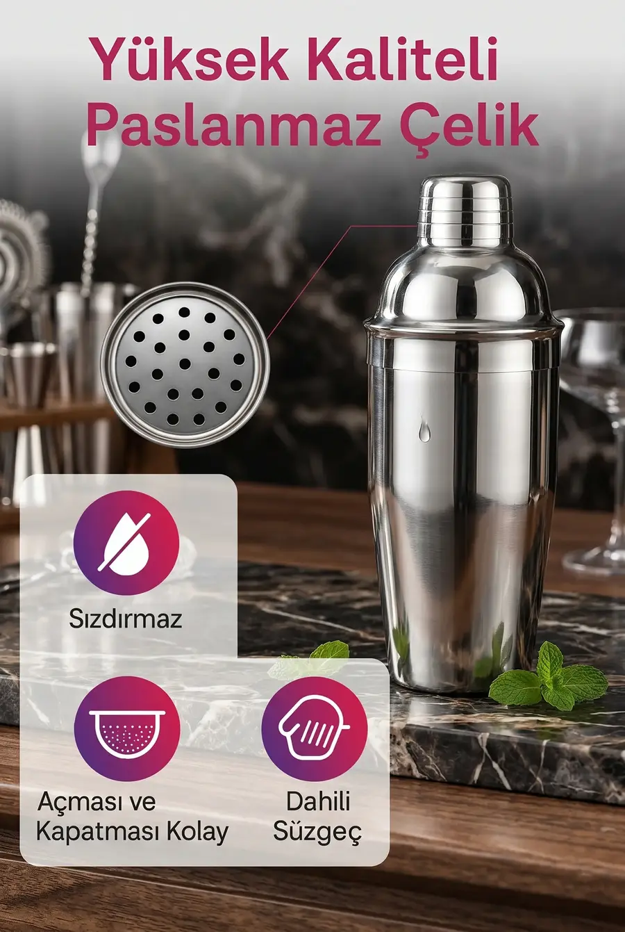 500 ml Paslanmaz Çelik Profesyonel Kokteyl Shaker