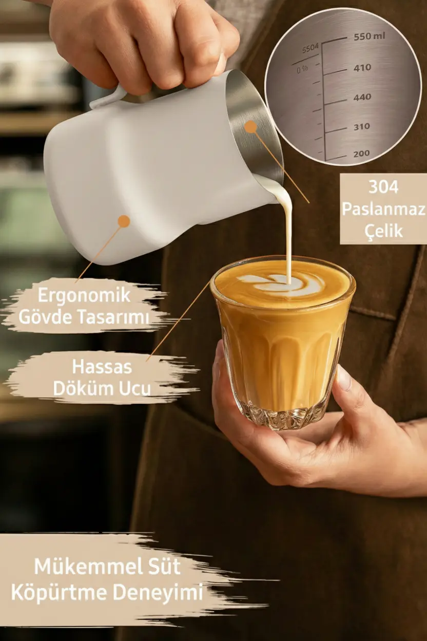 500 ml Beyaz Paslanmaz Çelik Pitcher - Kahve Süt Köpürtme Potu