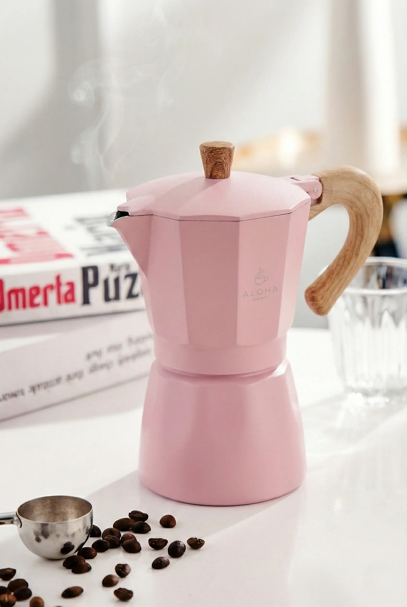 Pembe 6 Fincan Kapasiteli Moka Pot - Ocak Üstü İtalyan Espresso Makinesi