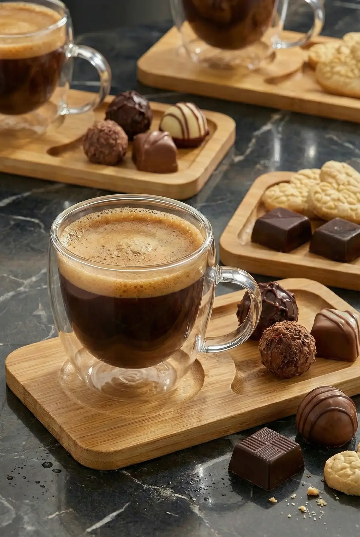 8 Parça 4 Kişilik Çift Cidarlı Bardak ve Bambu Tabaklı Espresso & Kahve Fincan Takımı