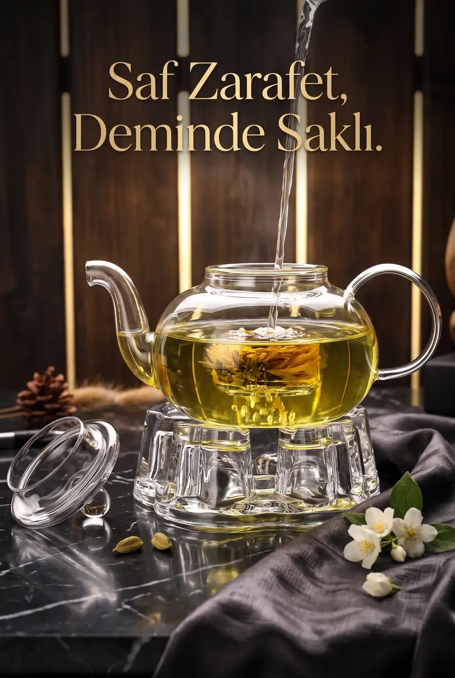 1000 ml Borosilikat Cam Büyük Çaydanlık ve Isıtma Aparatı Seti