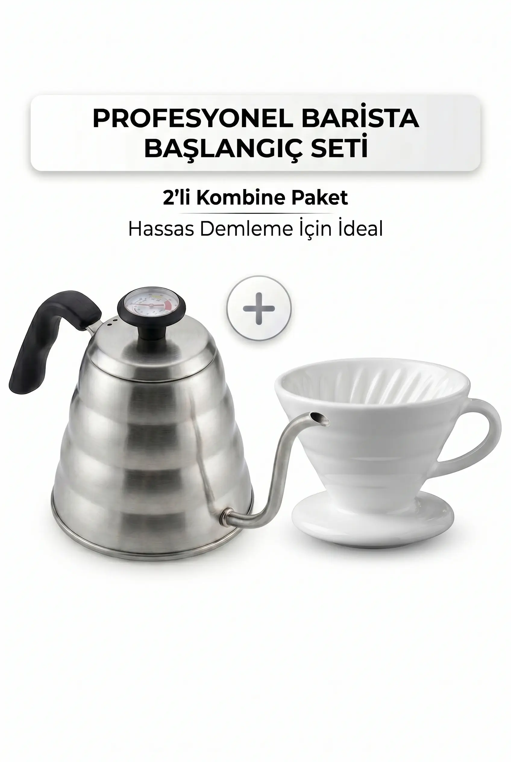 V60 Kahve Demleme Seti Termometreli Barista Kettle ve Beyaz Seramik Dripper