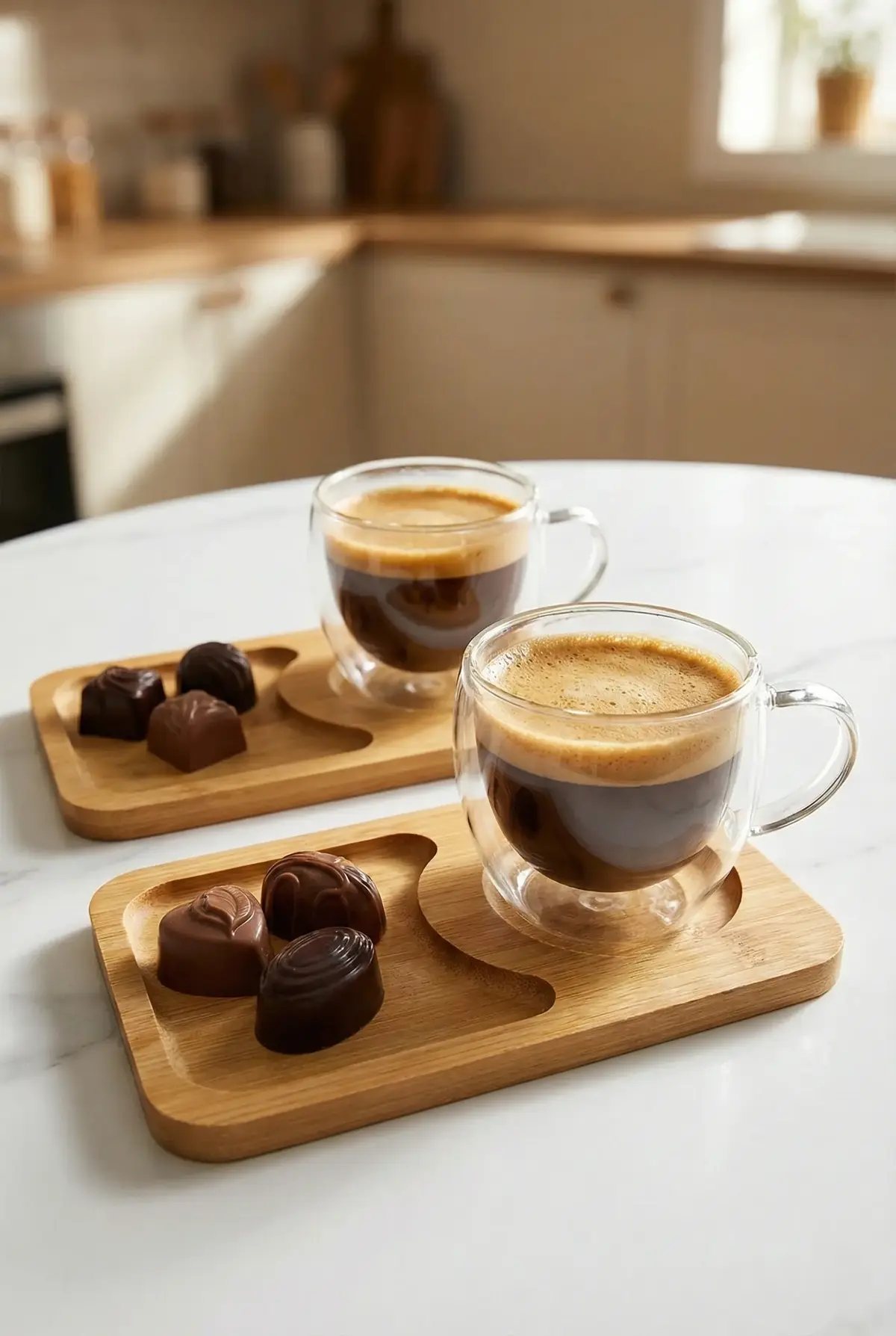 4 Parça 2 Kişilik Çift Cidarlı Bardak ve Bambu Tabaklı Espresso & Kahve Fincan Takımı
