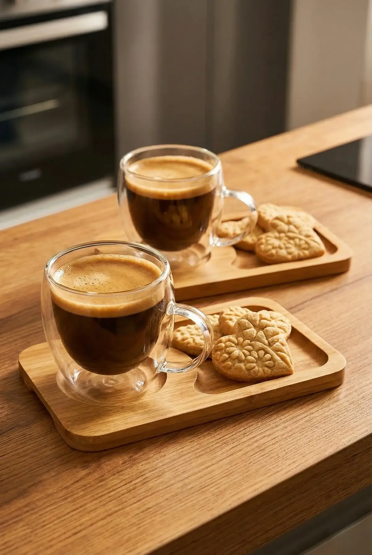 4 Parça 2 Kişilik Çift Cidarlı Bardak ve Bambu Tabaklı Espresso & Kahve Fincan Takımı