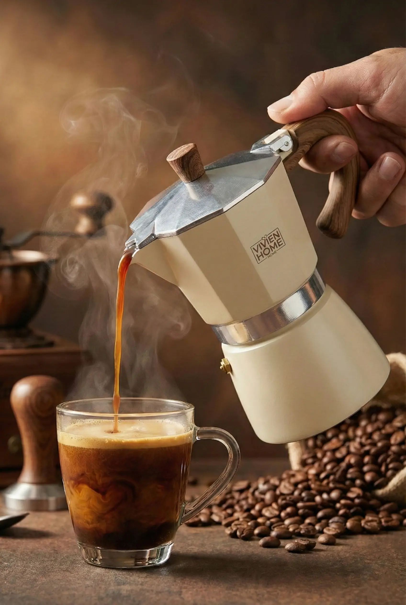 moka様 Bej 6 Cup Moka Pot Ocak Üstü İtalyan Espresso Makinesi - Vivien Home