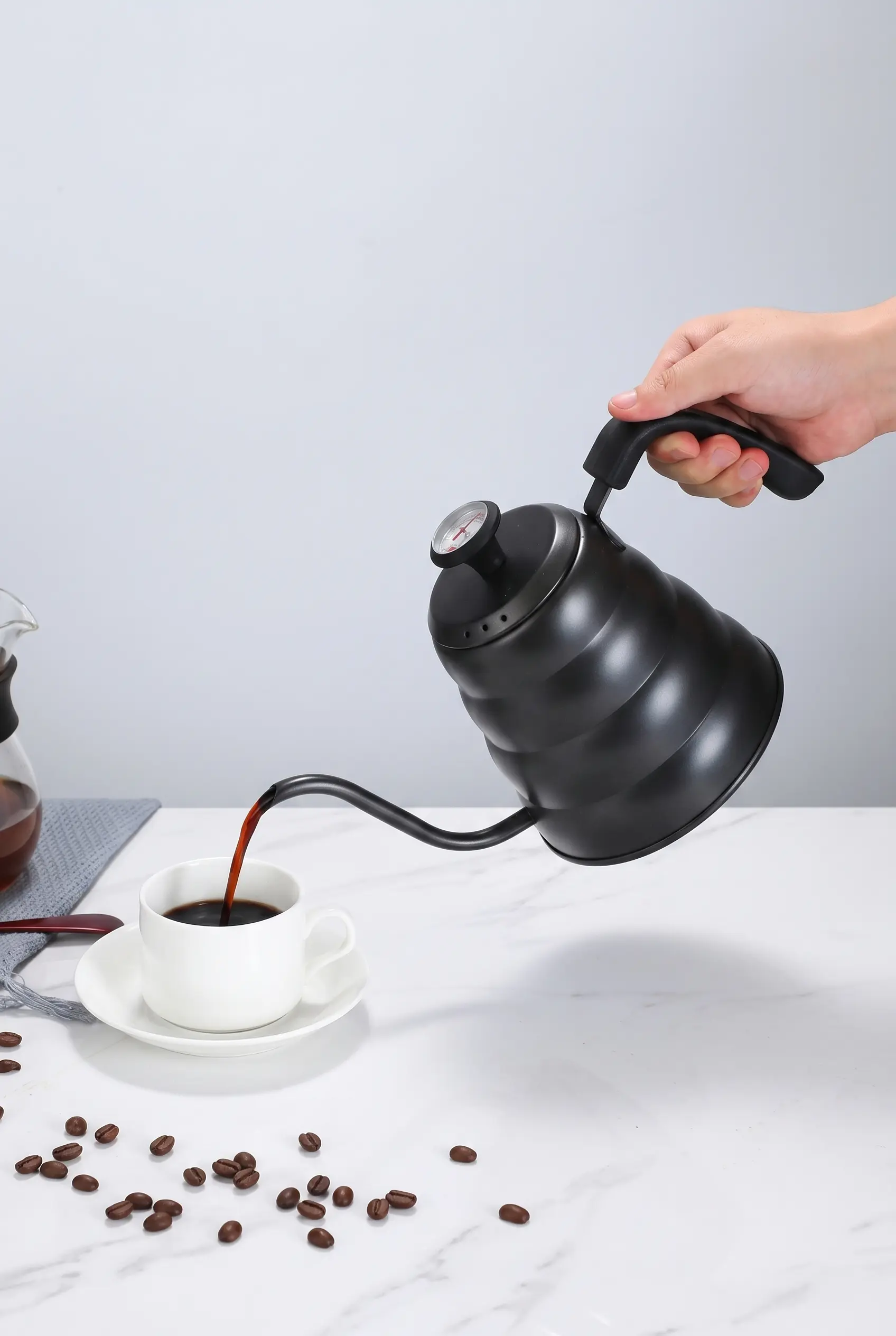 1200 ml Siyah Termometre Göstergeli Barista Kettle Gooseneck İbrik