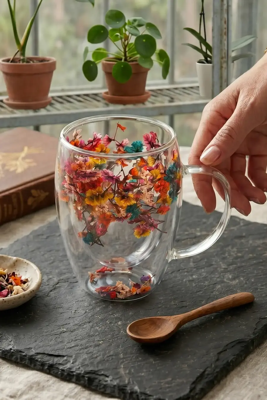 6’lı Çift Cidarlı Flower Cup Dekoratif Çiçekli Borosilikat Cam Bardak Seti 350 ml