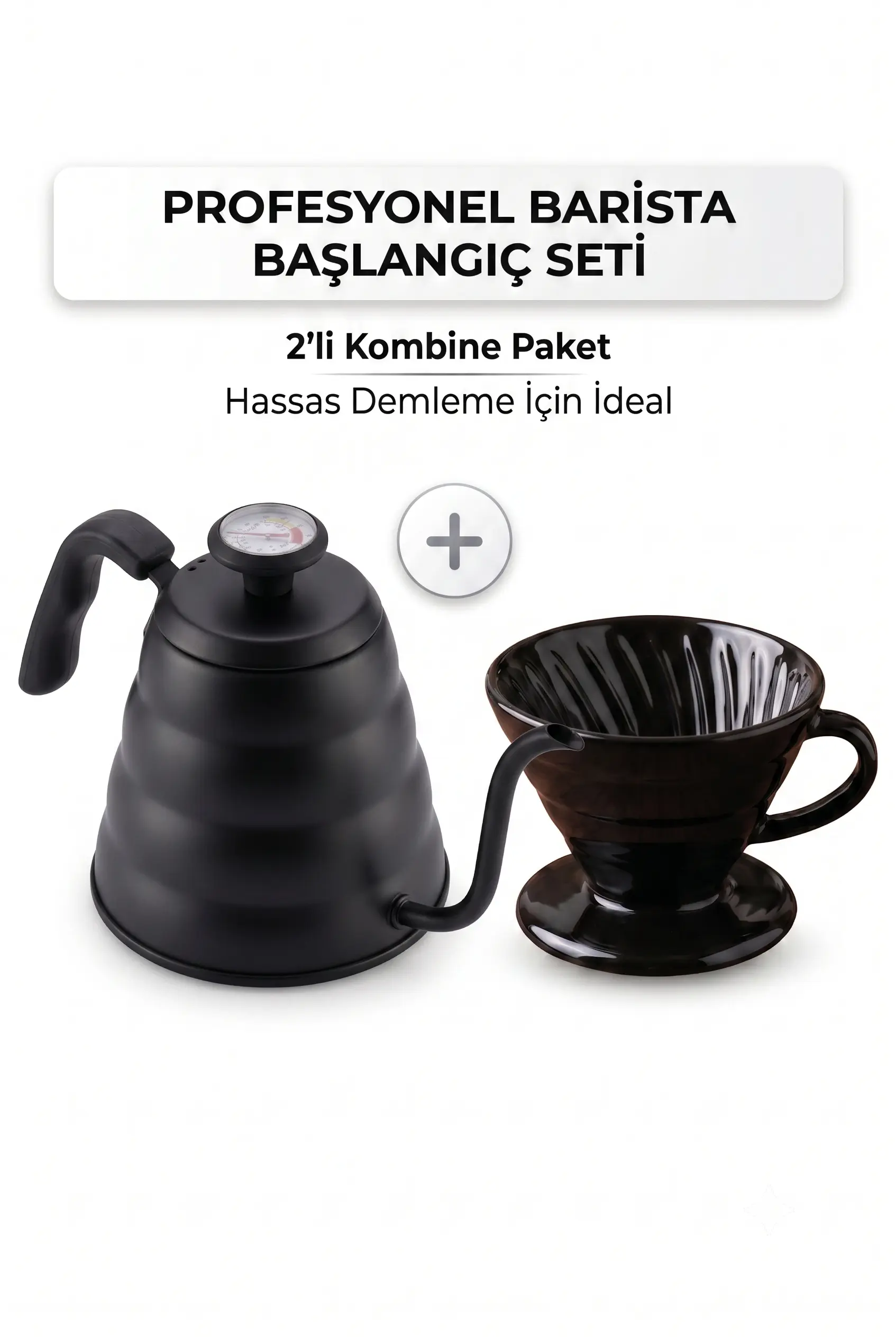 V60 Kahve Demleme Seti Termometreli Siyah Barista Kettle ve Siyah Seramik Dripper