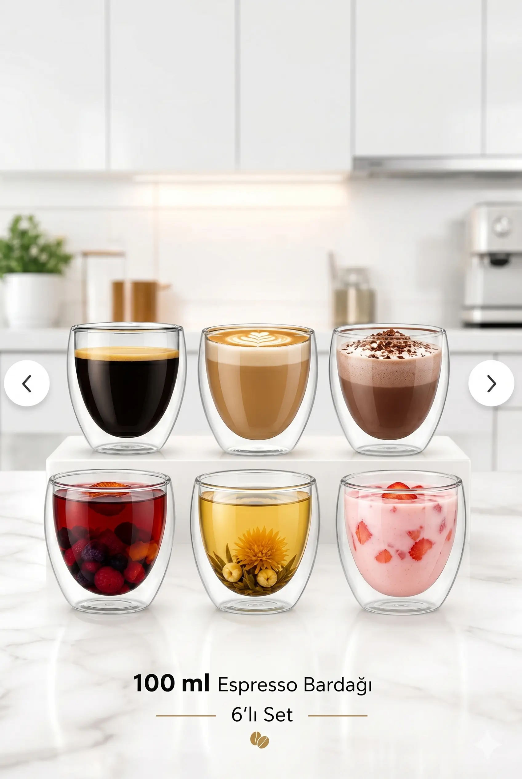 6lı Premium Set Çift Cidarlı Borosilikat Cam Espresso ve Sunum Bardağı 100 ml