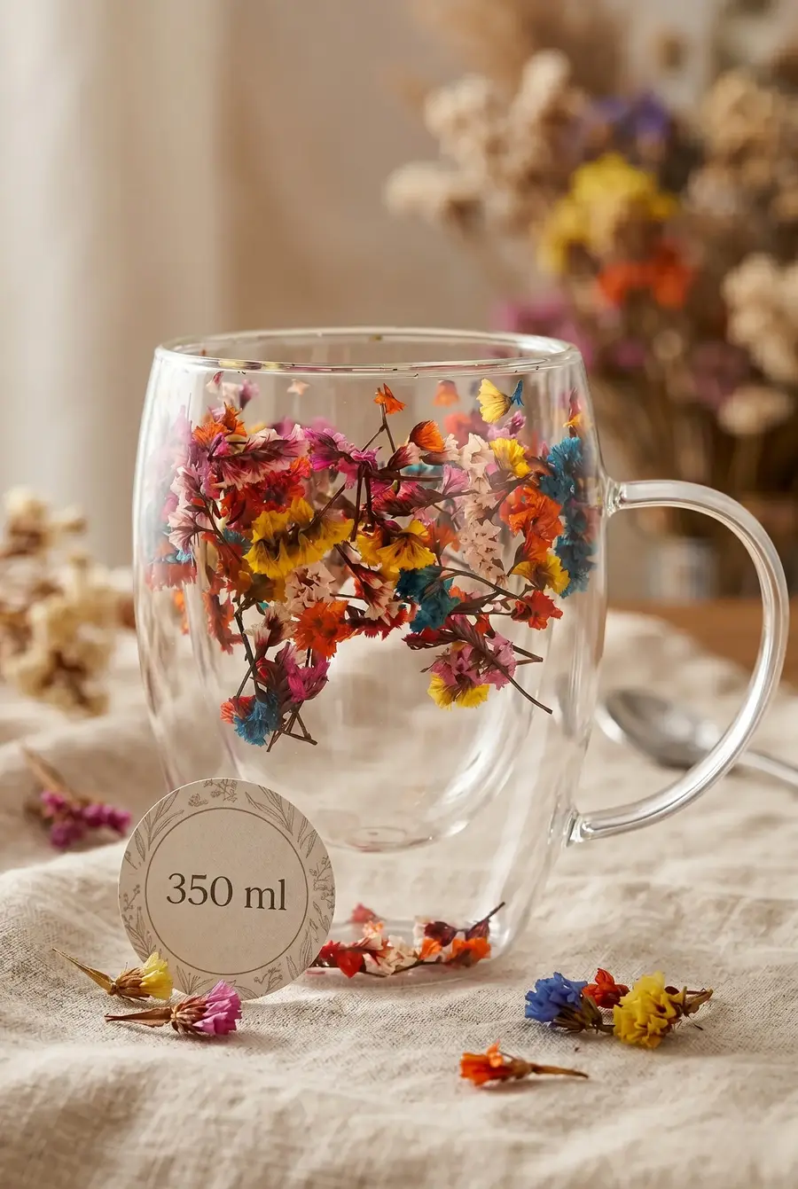 350 ml Isıya Dayanıklı Borosilikat Çift Cidarlı Flower Cup Çiçekli Bardak