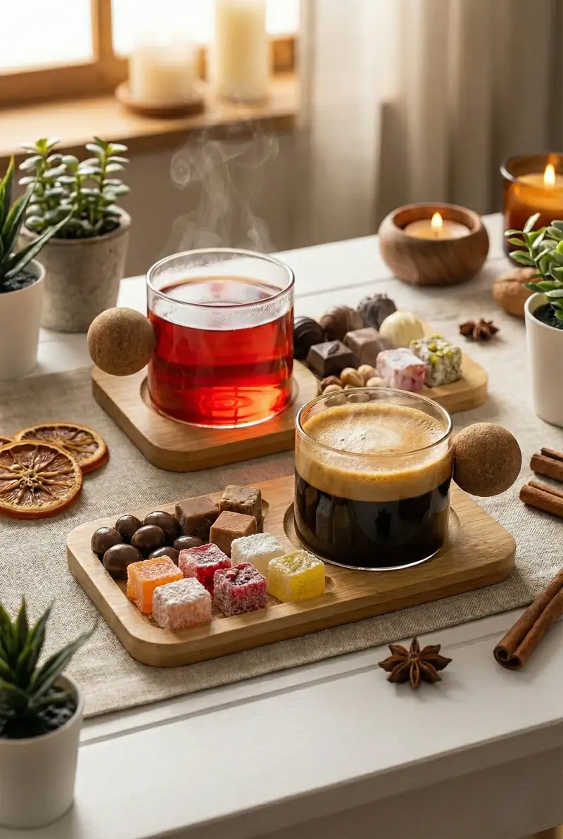 120 ml 2’li 4 Parça Mantar Kulplu Borosilikat Cam ve Bambu Tabaklı Fincan Takımı