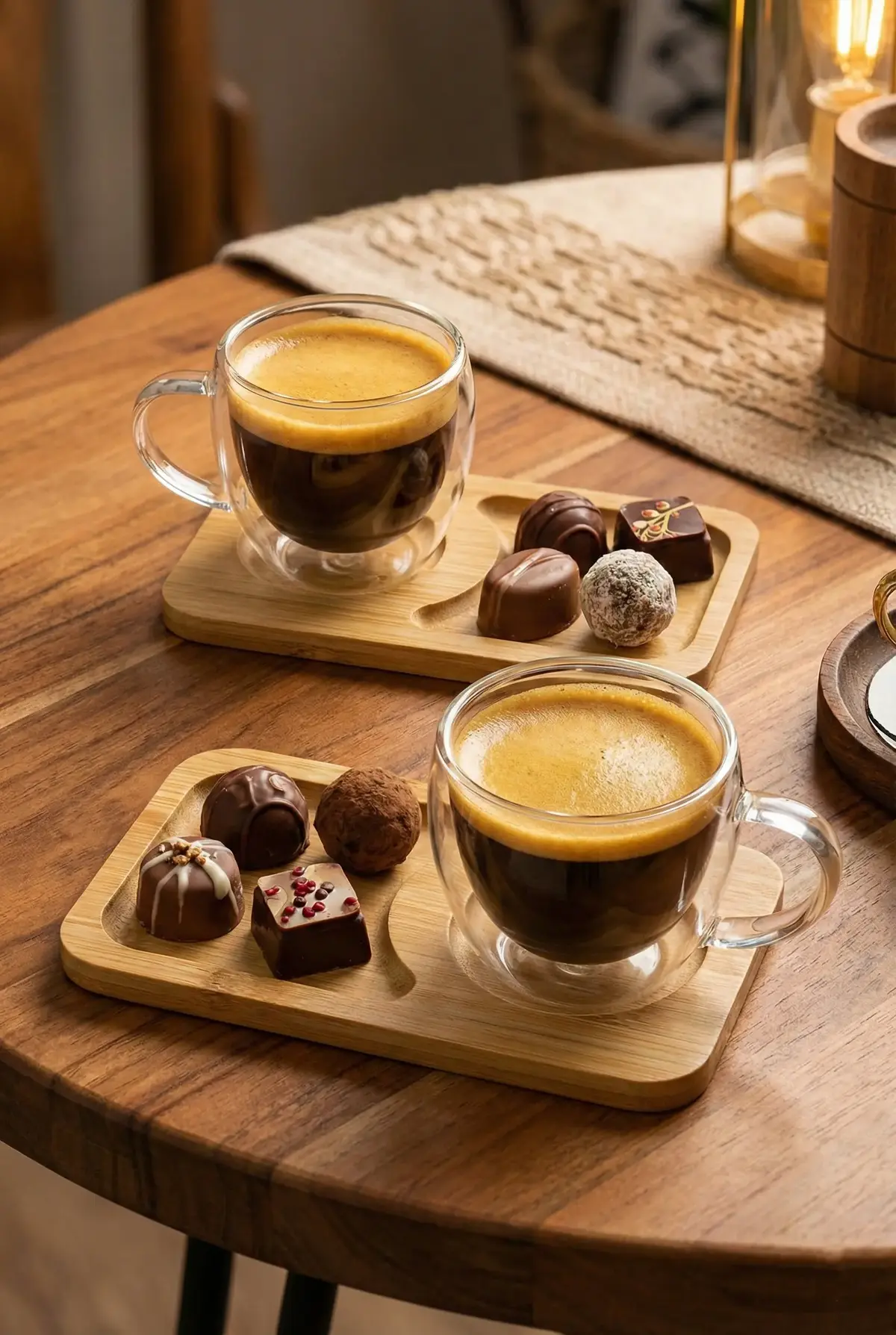 4 Parça 2 Kişilik Çift Cidarlı Bardak ve Bambu Tabaklı Espresso & Kahve Fincan Takımı