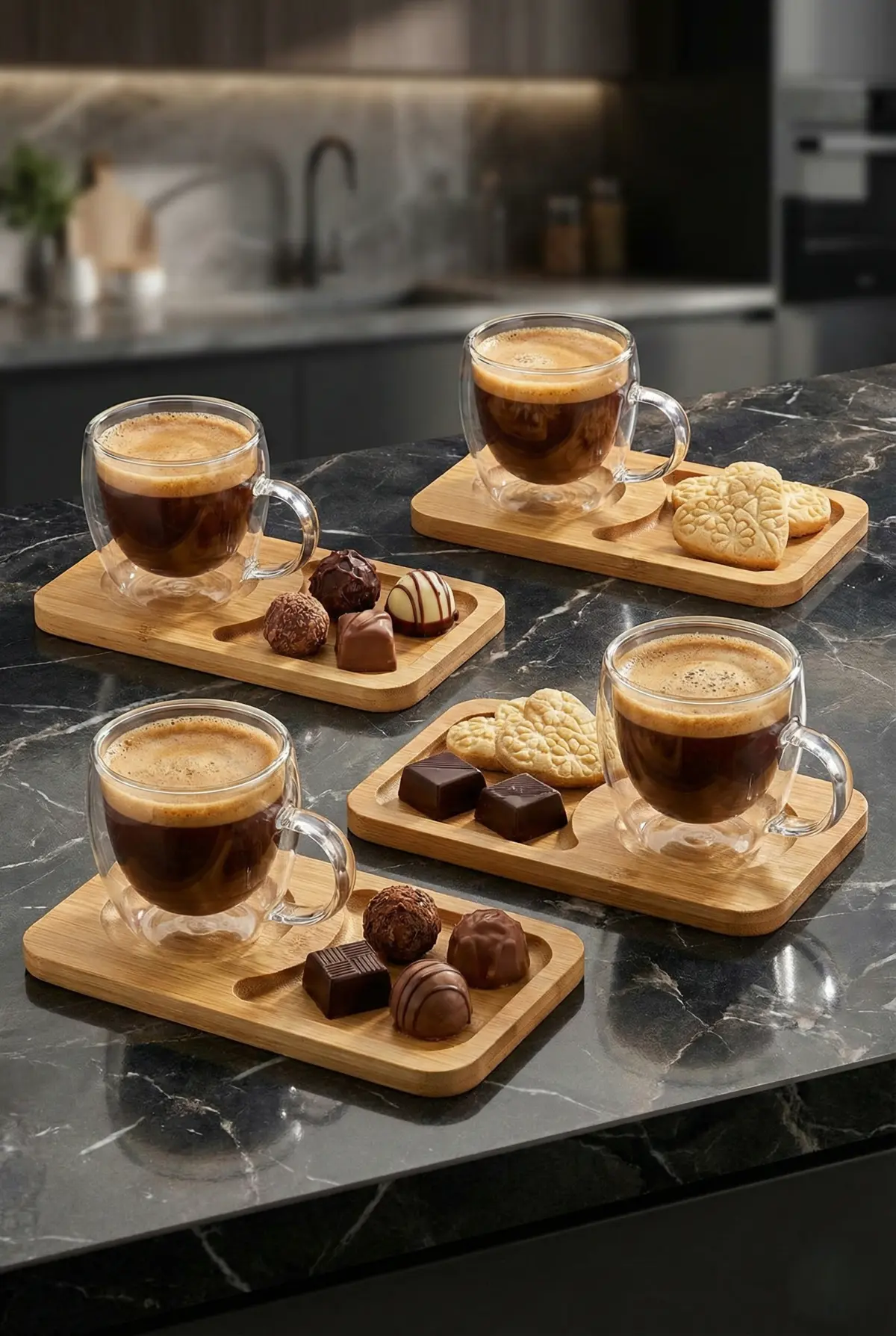 8 Parça 4 Kişilik Çift Cidarlı Bardak ve Bambu Tabaklı Espresso & Kahve Fincan Takımı
