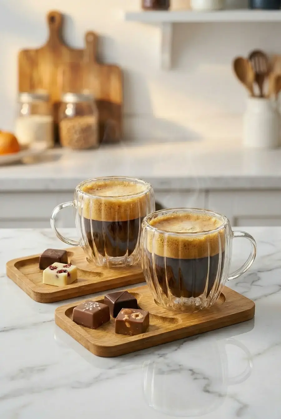 120 ml 2’li 4 Parça Çift Cidarlı Bardak ve Bambu Tabaklı Espresso Fincan Takımı