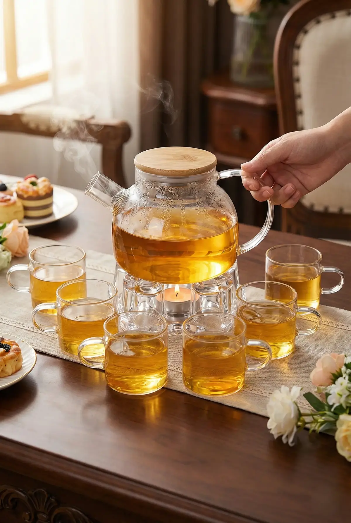 Isıya Dayanıklı 1000 ml Süzgeçli Borosilikat Cam Demlik ve 6 Adet Kupa Bardak Seti