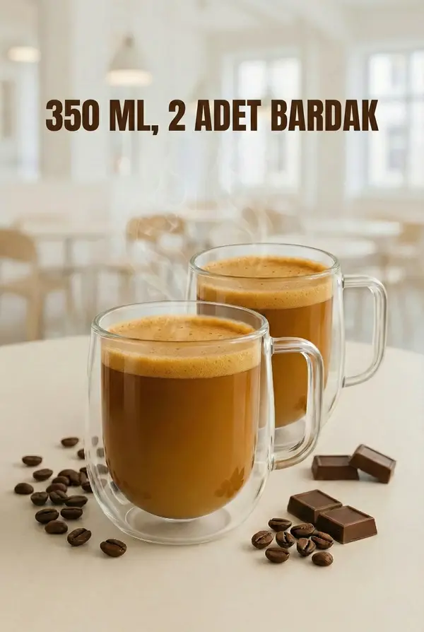 2’li Çift Cidarlı (Çift Camlı) Borosilikat Cam Kahve ve Sunum Bardak Seti - 350 ml