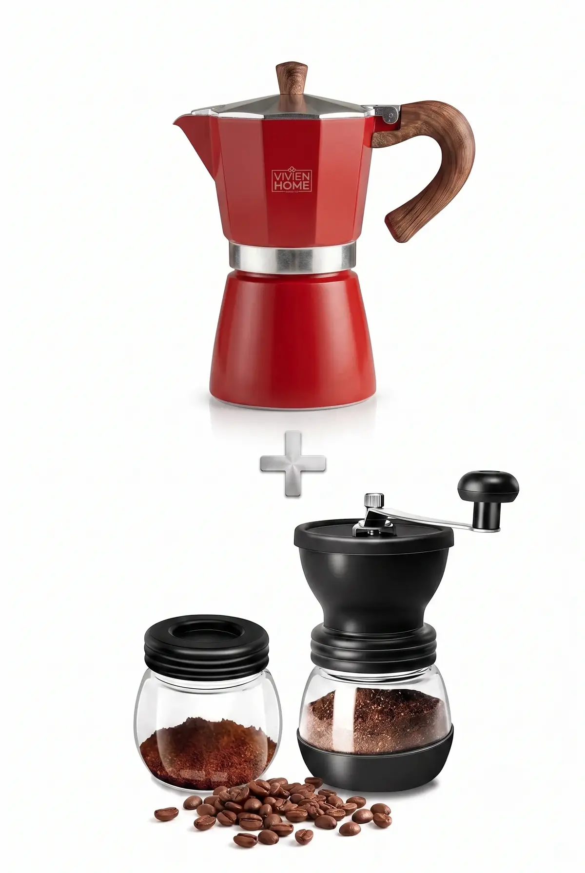 Moka Pot Kahve Seti Manuel Kahve Değirmeni ve 6 Fincan Kırmızı Moka Pot