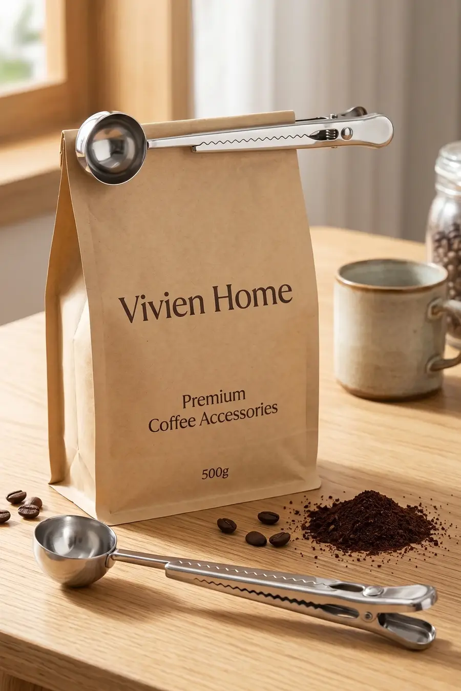 Gümüş Paslanmaz Çelik Kahve Ölçü Kaşığı ve Mandallı Paket Klipsi