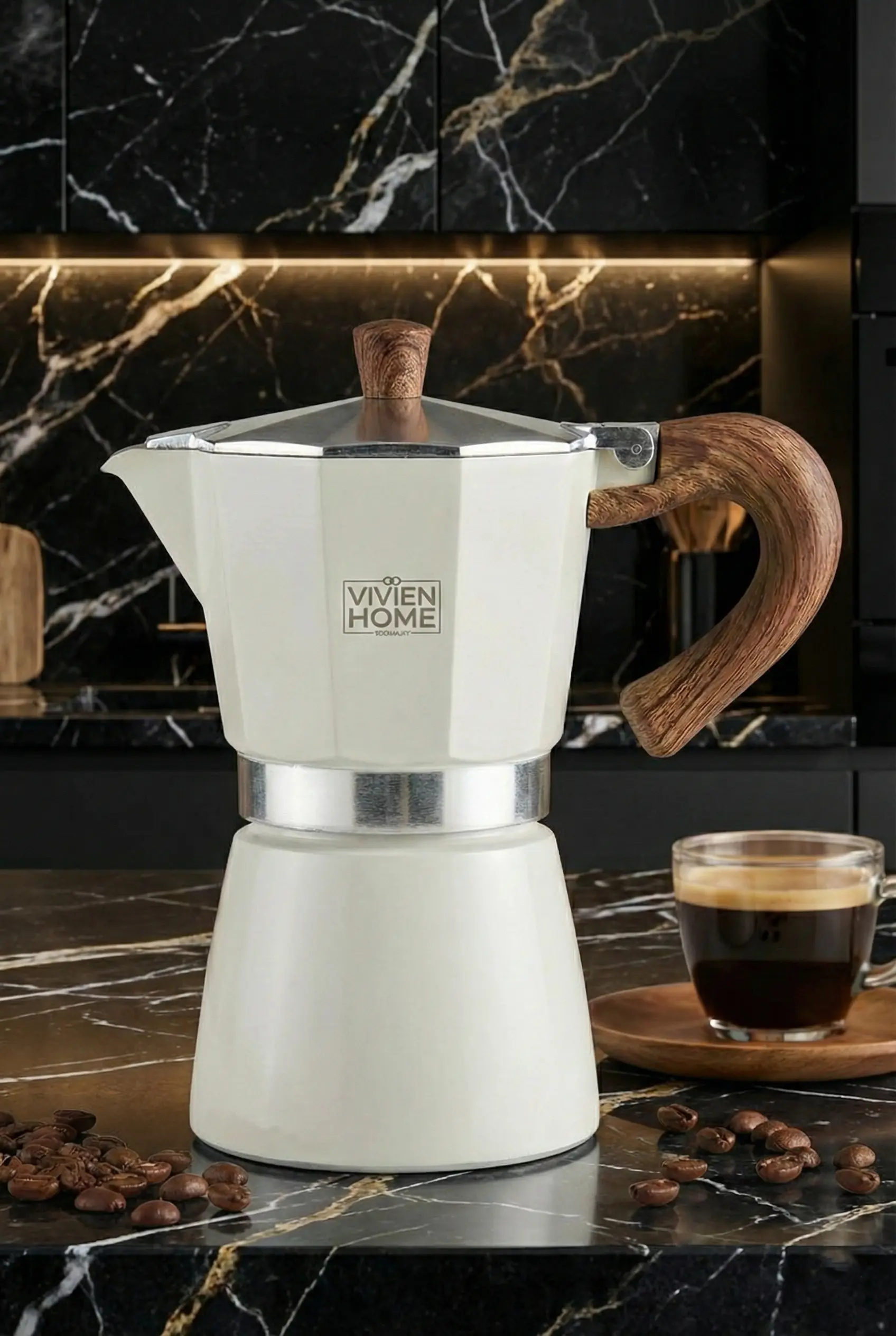 Bej 6 Cup Moka Pot Ocak Üstü İtalyan Espresso Makinesi - Vivien Home