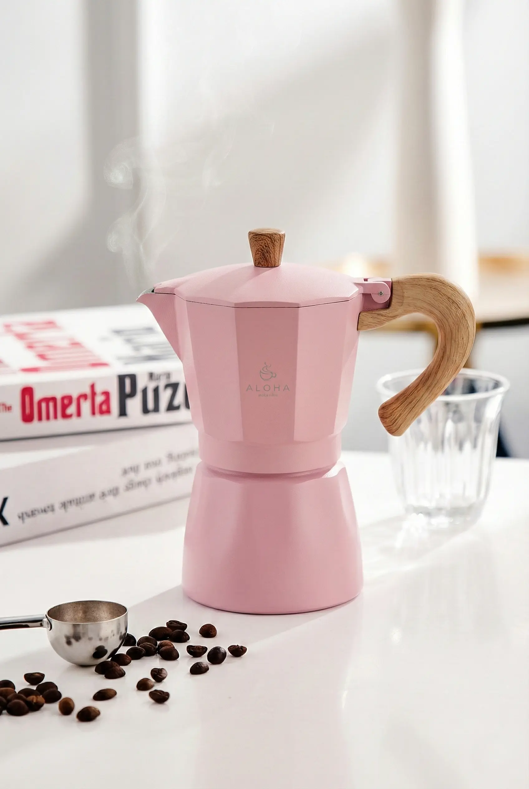 Pembe 6 Fincan Kapasiteli Moka Pot - Ocak Üstü İtalyan Espresso Makinesi