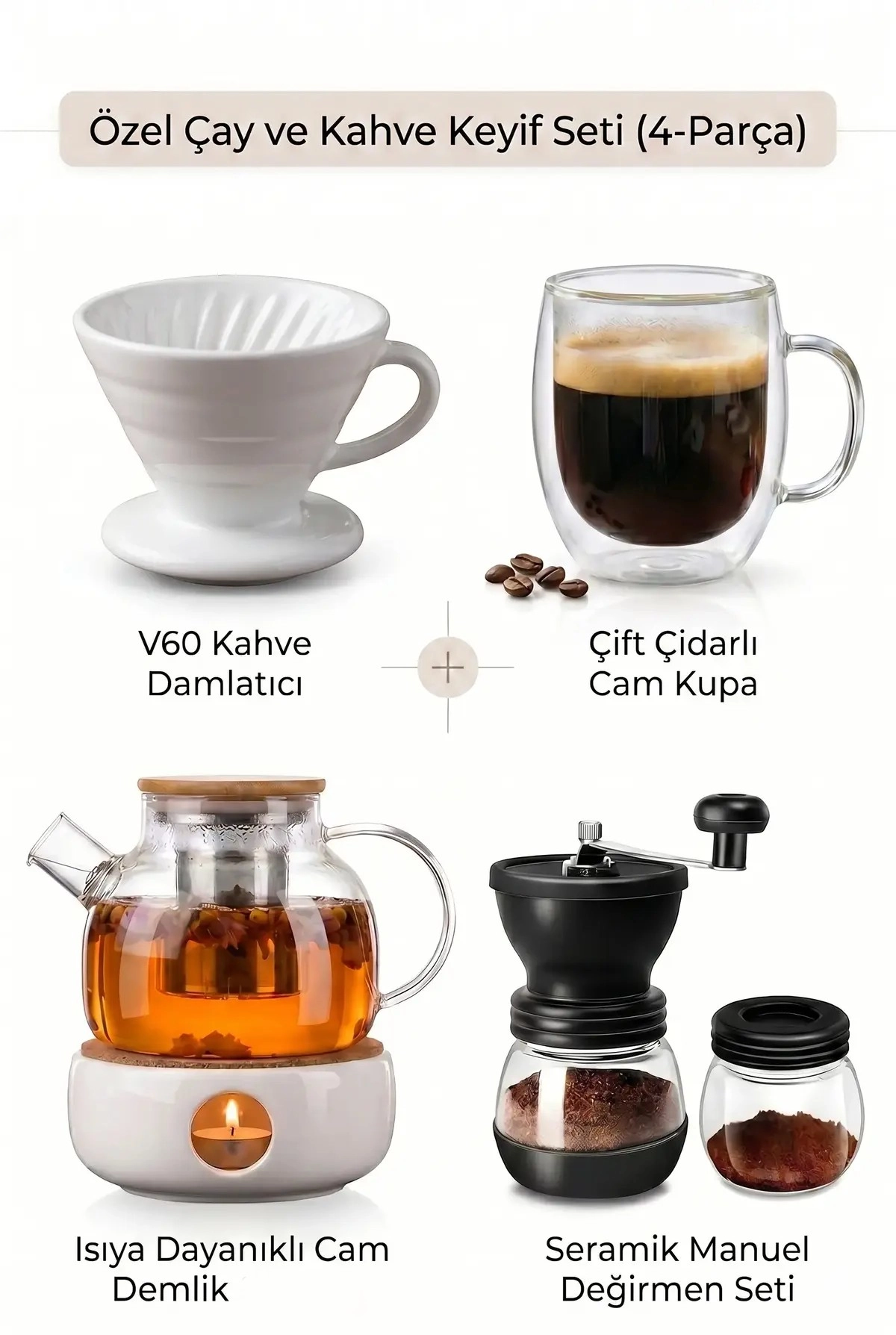 Filtre Kahve Seti Manuel Kahve Değirmeni V60 Beyaz Dripper Demlik ve Kahve Bardağı