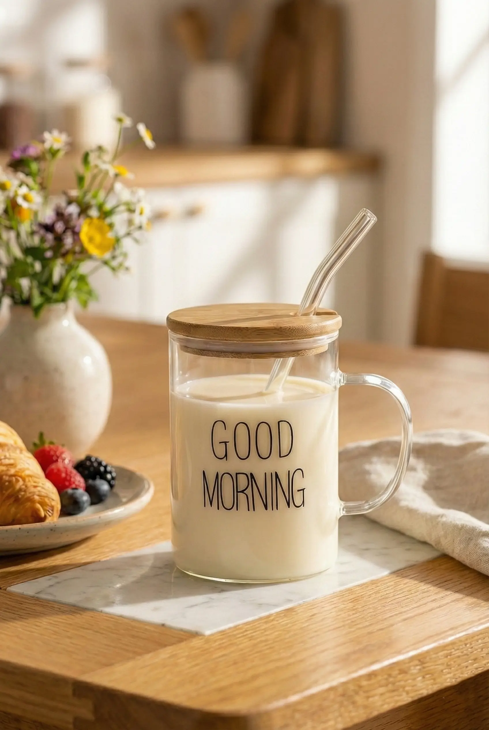 400 ml Bambu Kapaklı Isıya Dayanıklı Borosilikat Cam Kupa ve Sunum Bardağı