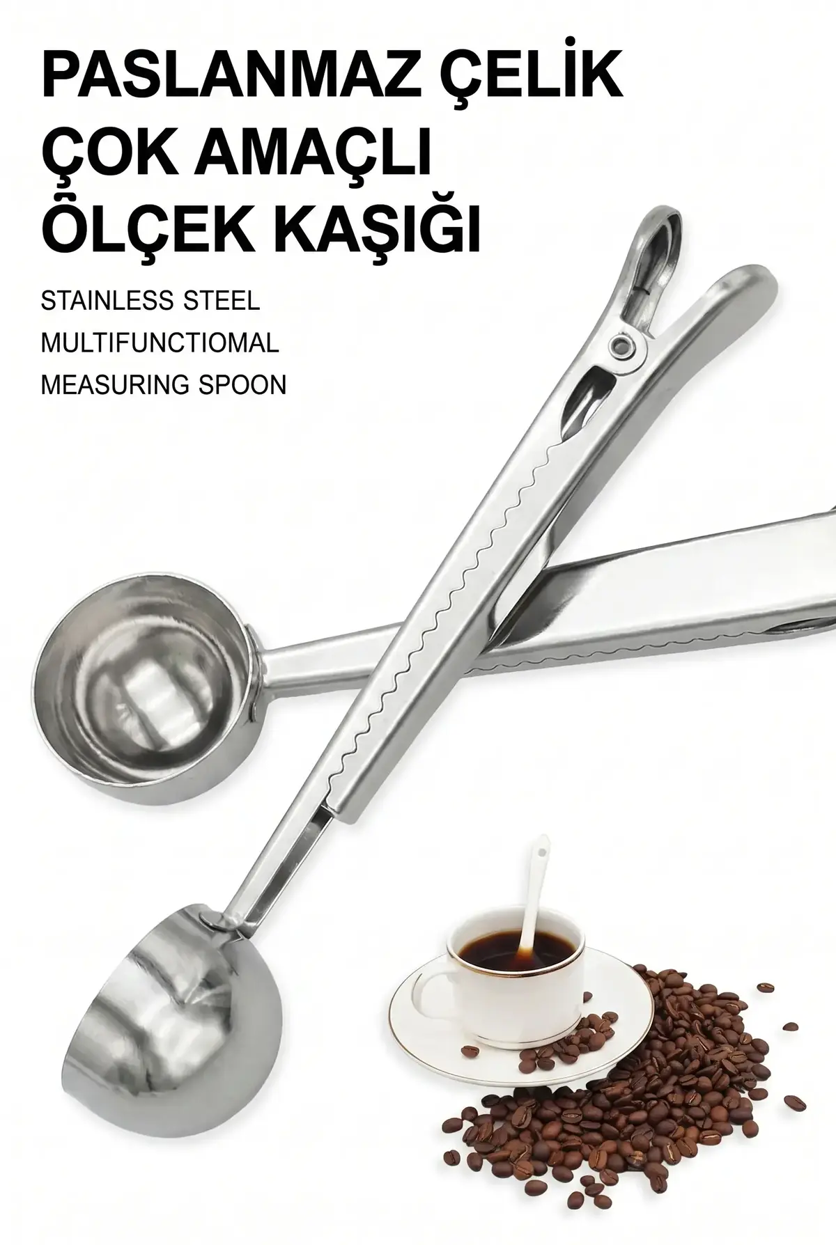 Gümüş Paslanmaz Çelik Kahve Ölçü Kaşığı ve Mandallı Paket Klipsi