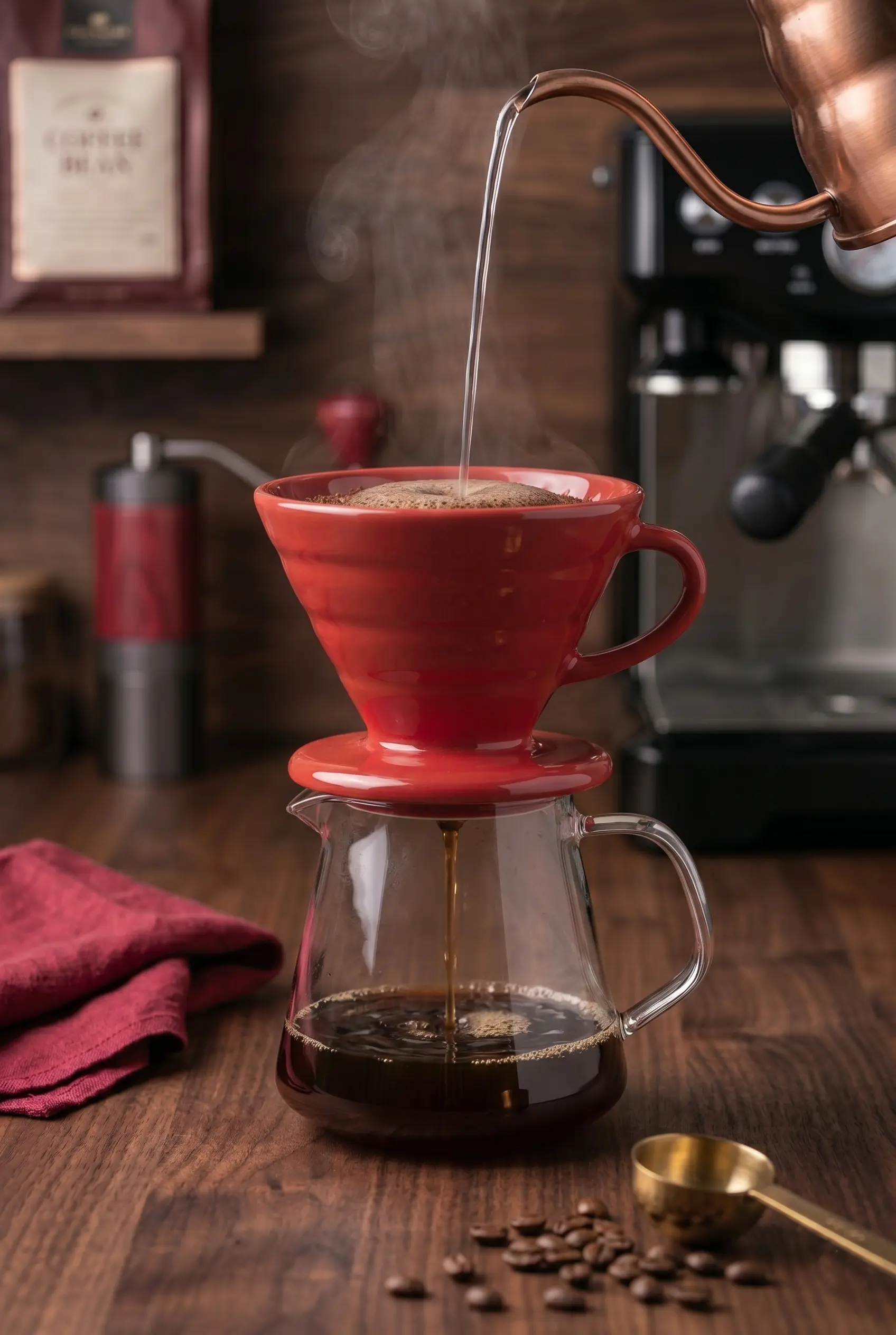 V60 02 Kırmızı Kahve Sürahi Seti 500 ml Cam Demlik ve Dripper