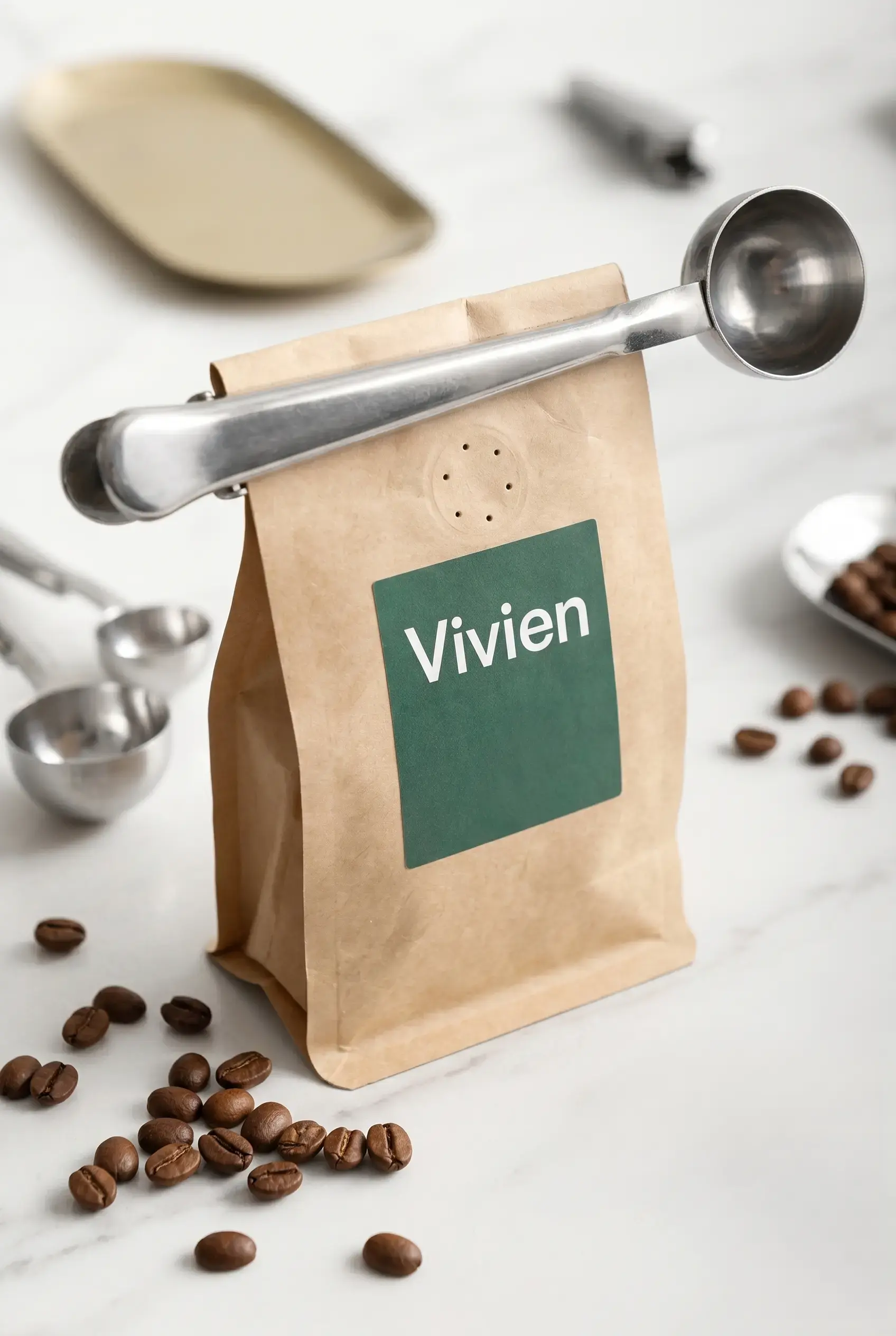 Gümüş Paslanmaz Çelik Kahve Ölçü Kaşığı ve Mandallı Paket Klipsi