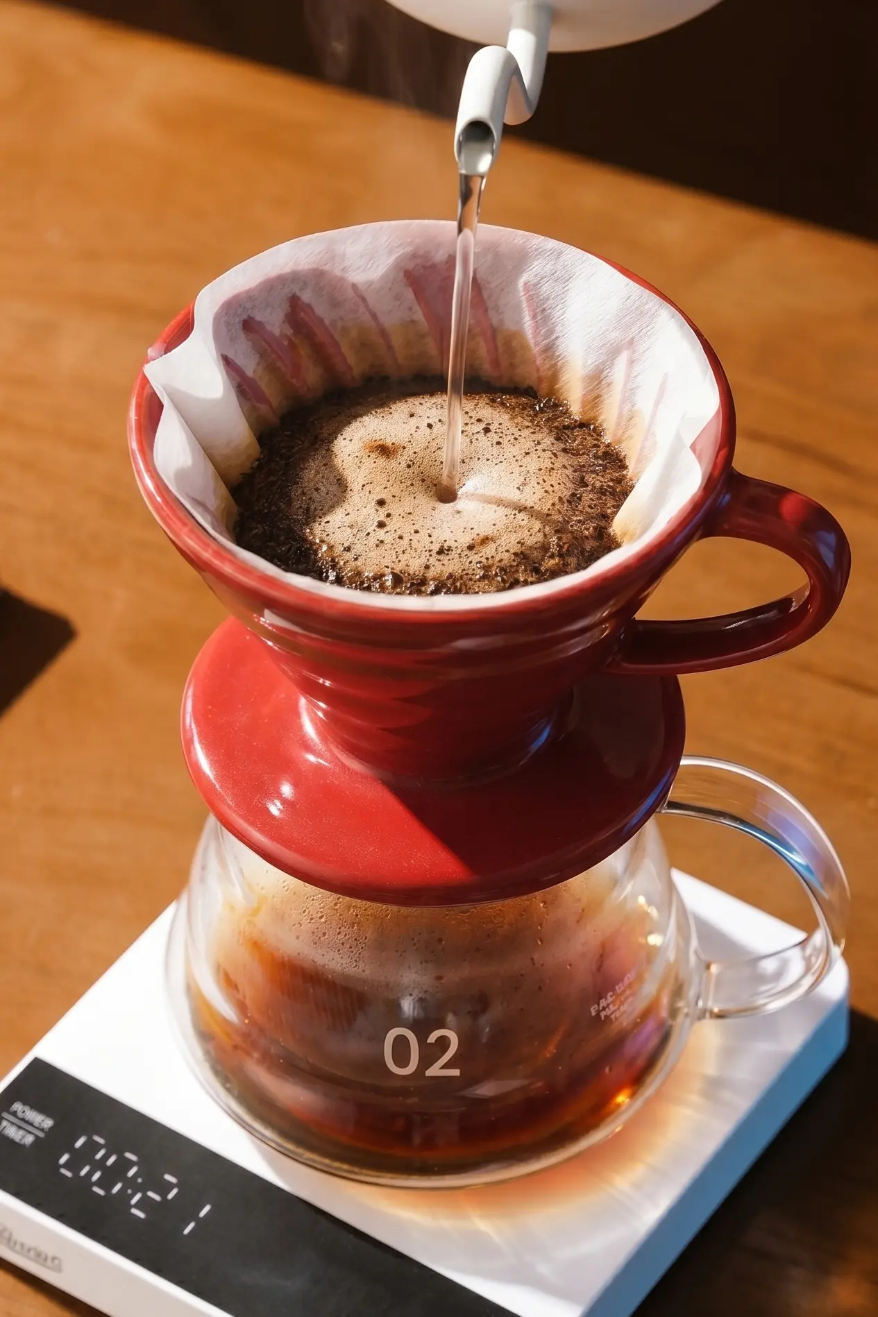 V60 02 Kırmızı Kahve Sürahi Seti - 500 ml Cam Demlik ve Seramik Dripper