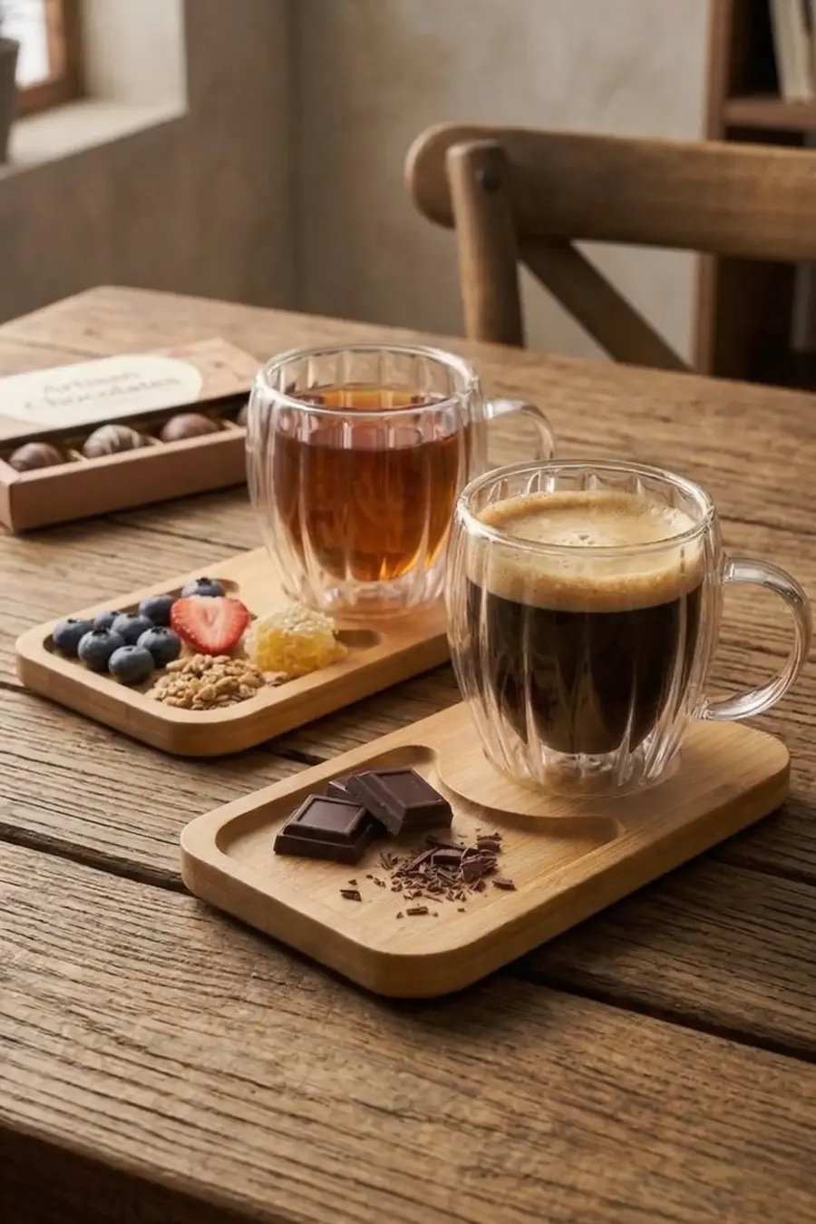 120 ml 2’li 4 Parça Çift Cidarlı Bardak ve Bambu Tabaklı Espresso Fincan Takımı