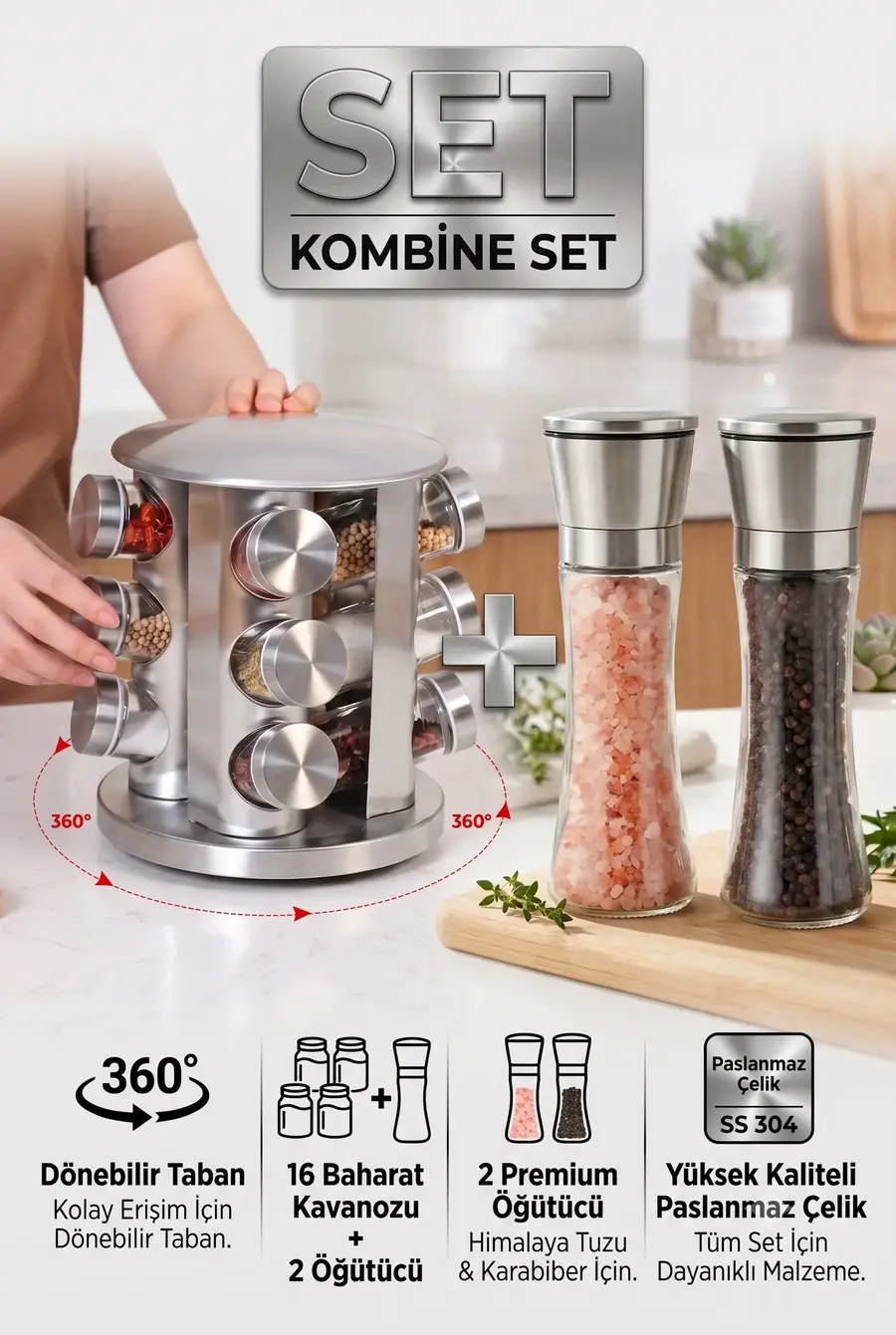 Baharatlık Seti 12 li Döner Stantlı Baharatlık ve 2 Adet Çelik Kapaklı Tuz Karabiber Değirmeni Seti