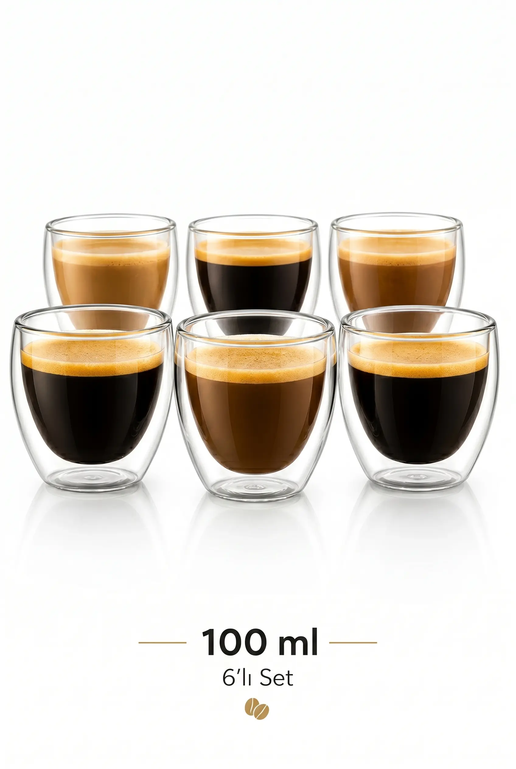 6lı Premium Set Çift Cidarlı Borosilikat Cam Espresso ve Sunum Bardağı 100 ml