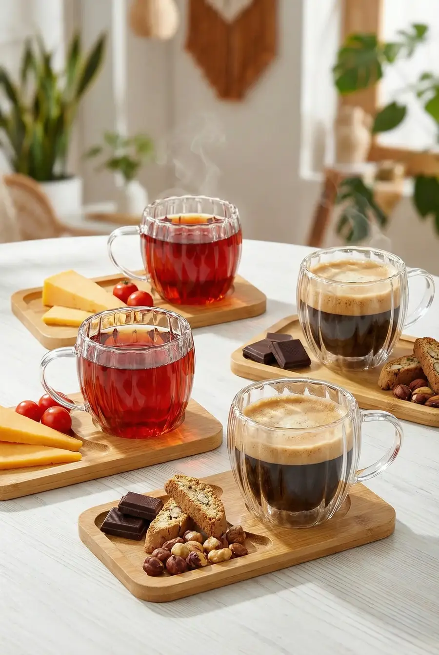 120 ml 4’lü 8 Parça Çift Cidarlı Bardak ve Bambu Tabaklı Espresso Fincan Takımı
