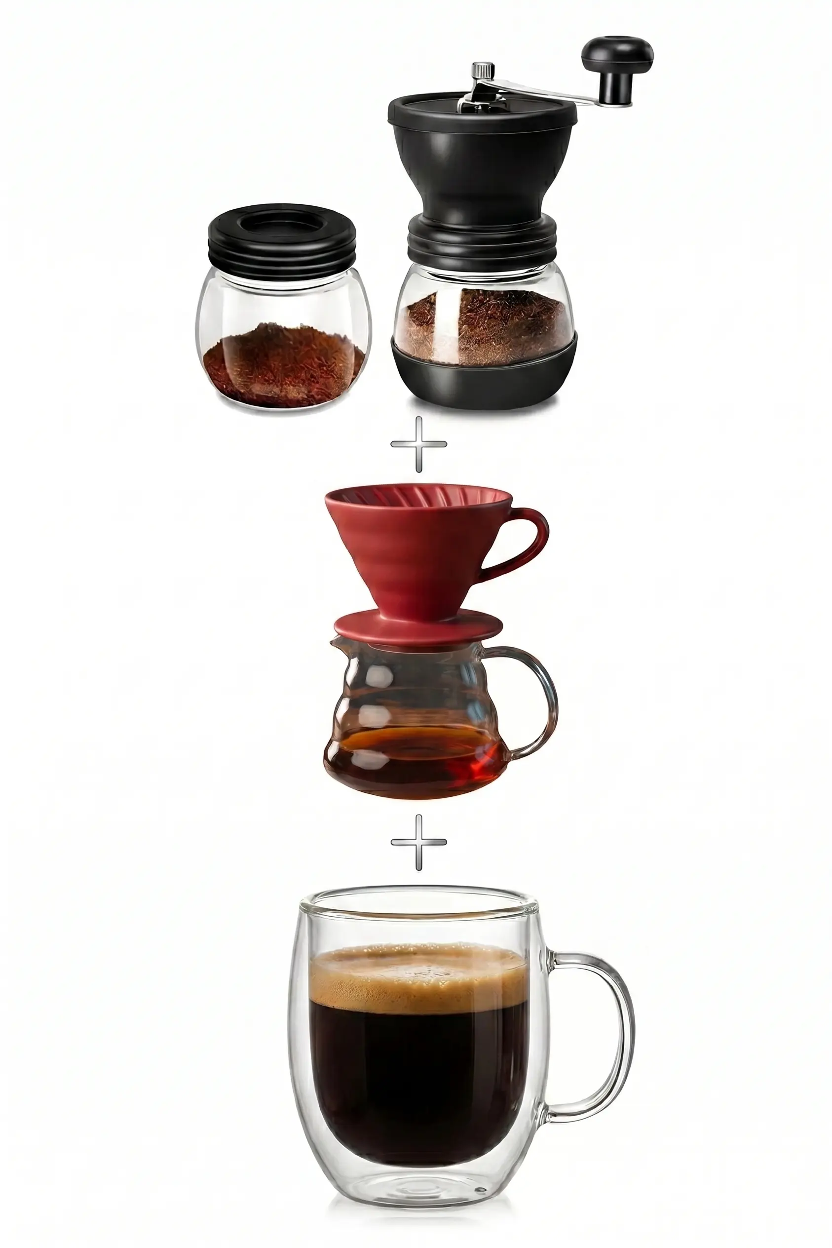 V60 Kahve Seti Manuel Kahve Değirmeni Kırmızı Dripper ve Çift Cidarlı Bardak