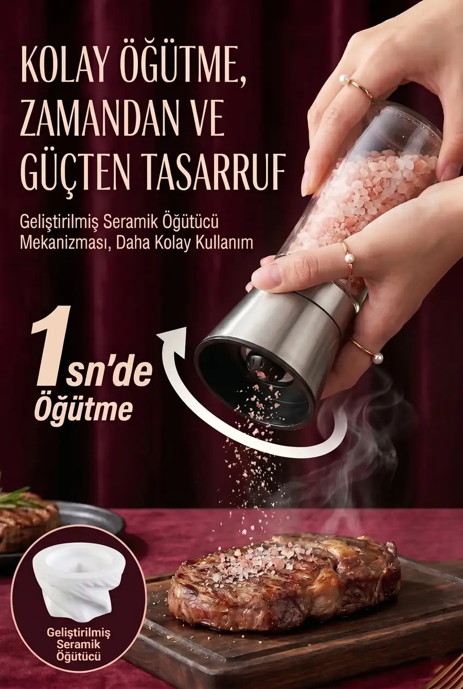 2 Adet Cam Gövdeli Paslanmaz Çelik Kapaklı Tuz ve Karabiber Değirmeni