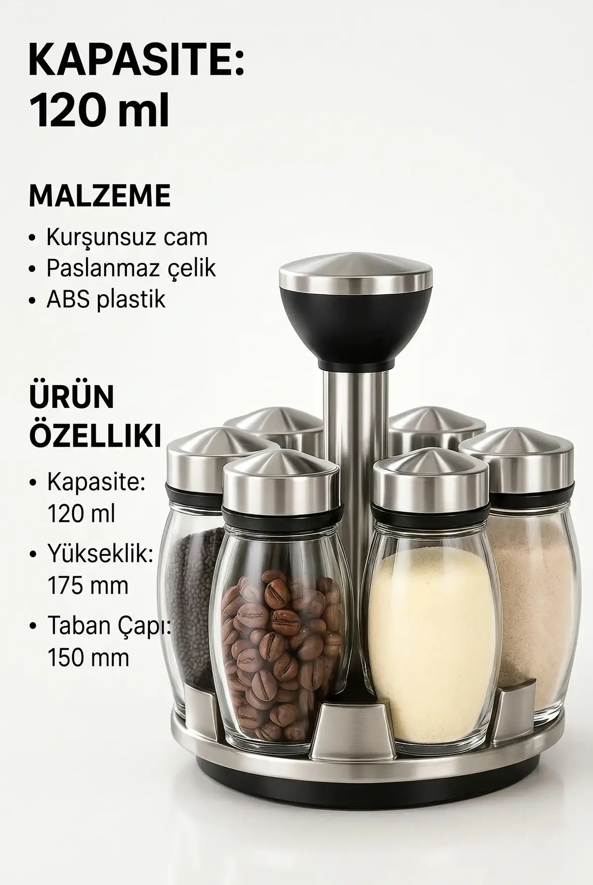 6’lı Dönerli Metal Baharatlık Seti - Tezgah Üstü Organizer