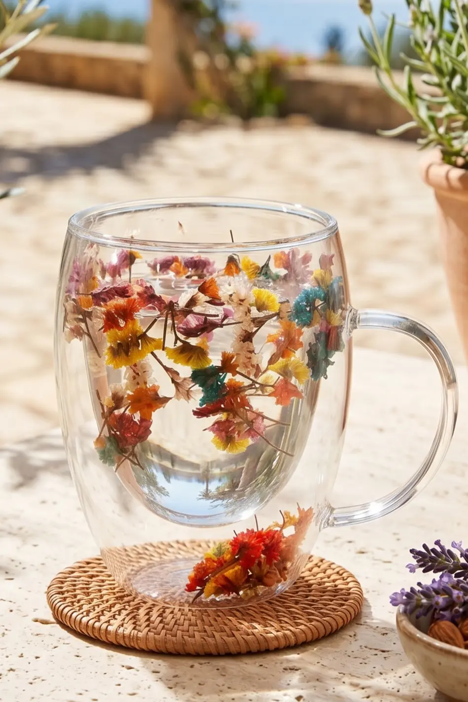 6’lı Çift Cidarlı Flower Cup Dekoratif Çiçekli Borosilikat Cam Bardak Seti 350 ml
